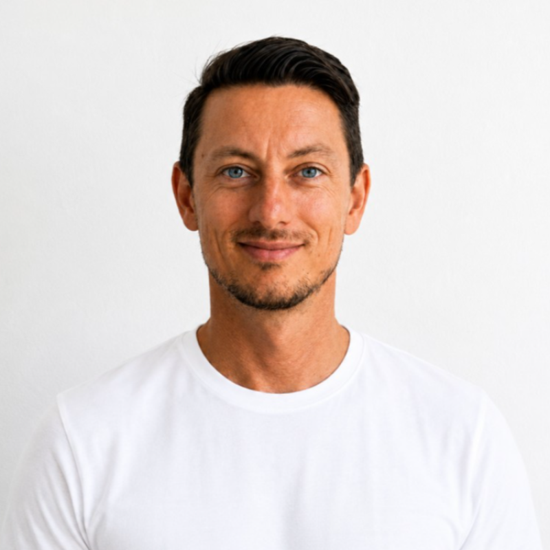 Christopher Lyrhem in a white t-shirt